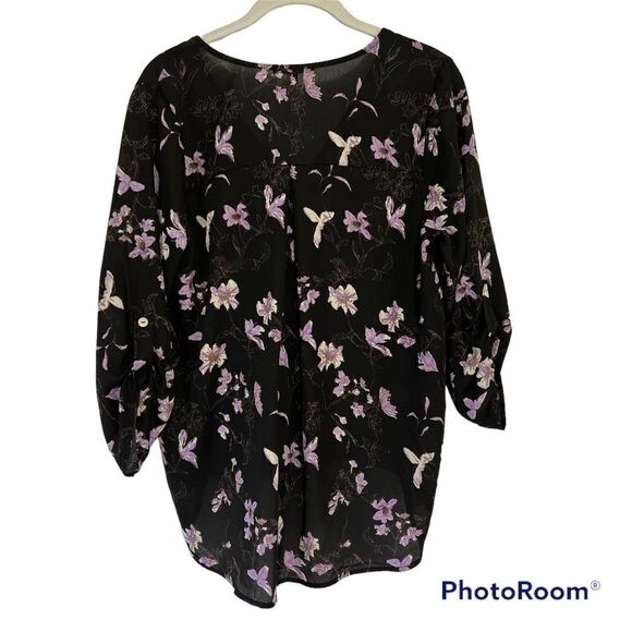 Stitch Fix West Kei Blouse Womens Small Black Floral Knot Roll Tab Sleeve Top - Picture 2 of 5